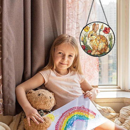 Easter Bunny Flower Suncatcher Stained Glass Window Hanging, Rabbit Floral Sun Catchers Indoor Window Glass Wall Art Decor, Easter Bunny Wall Hanging Decor Decorations, 7.9x7.9 Inch