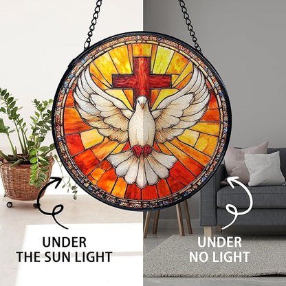 TNUW Christian Cross Bird Stained Glass Window Hanging, Cross Pigeon Bird Sun Catchers Indoor Window Glass Round Wall Art Decor, Religious Christian Wall Hanging Decorations, 7.9＂x7.9＂