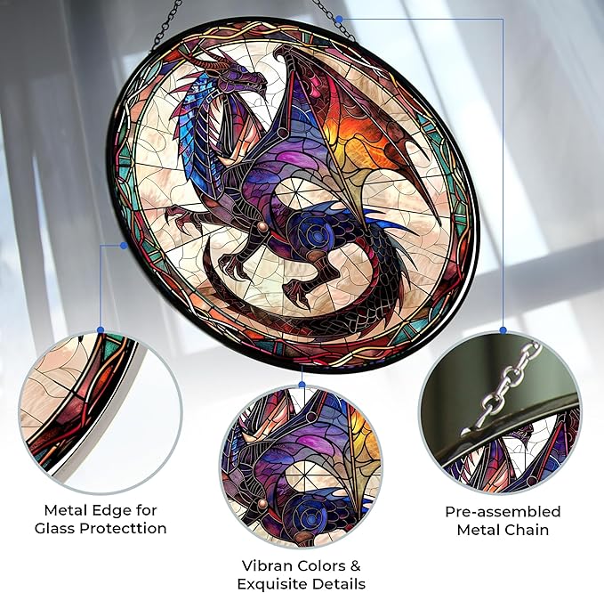 Dragon Stained Glass Suncatcher 4 Season Theme Colorful Leaves Window Wall Hanging Ornament Hand-Painted Glass Panel Decor Gift for Women Christmas Thanksgiving Gift 6.3"