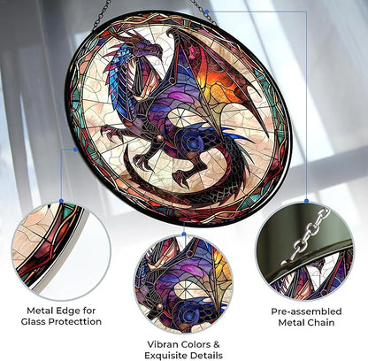 Dragon Stained Glass Suncatcher 4 Season Theme Colorful Leaves Window Wall Hanging Ornament Hand-Painted Glass Panel Decor Gift for Women Christmas Thanksgiving Gift 6.3"
