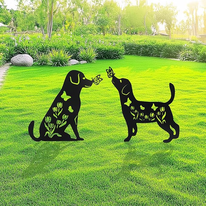 Flohuaer 2PCS Dog Metal Garden Stakes Decorative Labrador Gifts for Women/Men/Dog Lovers Black Animal Silhouette Statues for Outside Yard Art Outdoor Patio Lawn Ornaments Garden Decorations