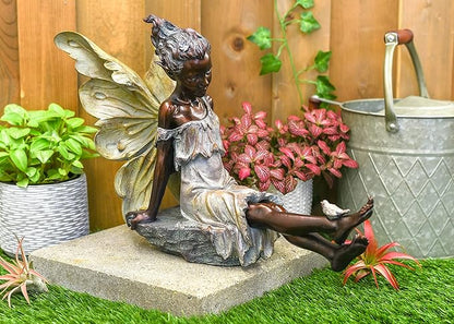 Napco Fairy with Bird Bronze Tone 12.5 x 18 Inch Resin Stone Outdoor Garden Statue