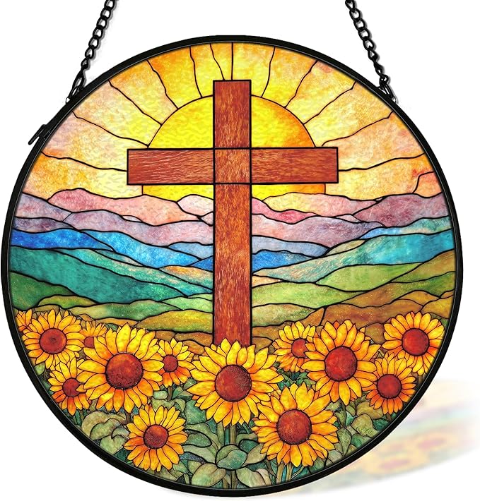 Christian Sunflower Suncatcher Stained Glass Cross Window Hanging Wall Decor, Christmas Religious Gifts for Women, Religious Wildflower Garden Lawn Sun Catchers for Window Hanging,7.9x7.9In