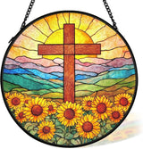 Christian Sunflower Suncatcher Stained Glass Cross Window Hanging Wall Decor, Christmas Religious Gifts for Women, Religious Wildflower Garden Lawn Sun Catchers for Window Hanging,7.9x7.9In