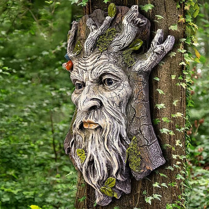 Teaeeno Whimsical Tree Face Garden Decoration, 11.8 in Tree Faces Decor Outdoor Wallmounted Statue Art with Leaf Features, Outdoor Decor Garden Accessory (Outdoors and Nature)