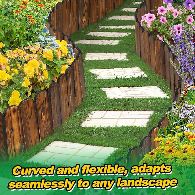 Rustic Pine Wood Garden Fence - 13.2ft Total Length (2pcs 6.6ft L*12in H) Easy to Install Sturdy Wooden Landscape Edging Border, No Fading Planter Fencing for Yard Flower Bed Lawns Pathway Tree
