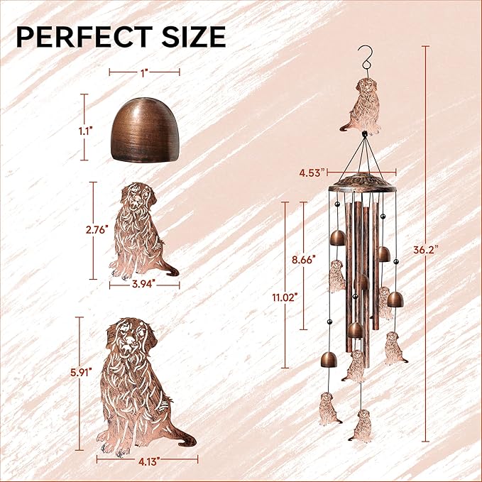 Golden Retriever Wind Chimes for Outside, Decorative Wind Chimes Golden Retriever Gifts for Women, Memorial Windchimes Outdoors with S Hook for Patio Garden Decor, Birthday Gifts for Mom (Copper)