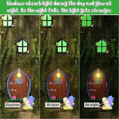 Syhood Fairy Door and Window Miniature Summer Home with Lamp Room Wall and Trees Outdoor Glow in Dark Fairies Sleeping Yard Art Garden Sculpture Patio Lawn Decor Ornament Gift(Stone Style)