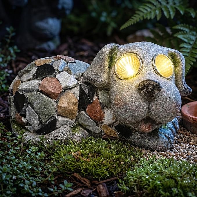 Outdoor Garden Decor Solar Dog Statue & Sculpture, Cute Dog Garden Statue, Solar Yard Decorations for Lawn Patio Front, Stone Resin Figurine ldeal Gift for Mom