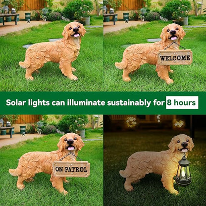Golden Retriever Garden Statue with Solar Lantern & Double-Sided Welcome Sign, Lifelike Dog Figurine Outdoor Yard Decor, Puppy Sculpture Patio Lawn Ornament Pet Memorial Gift