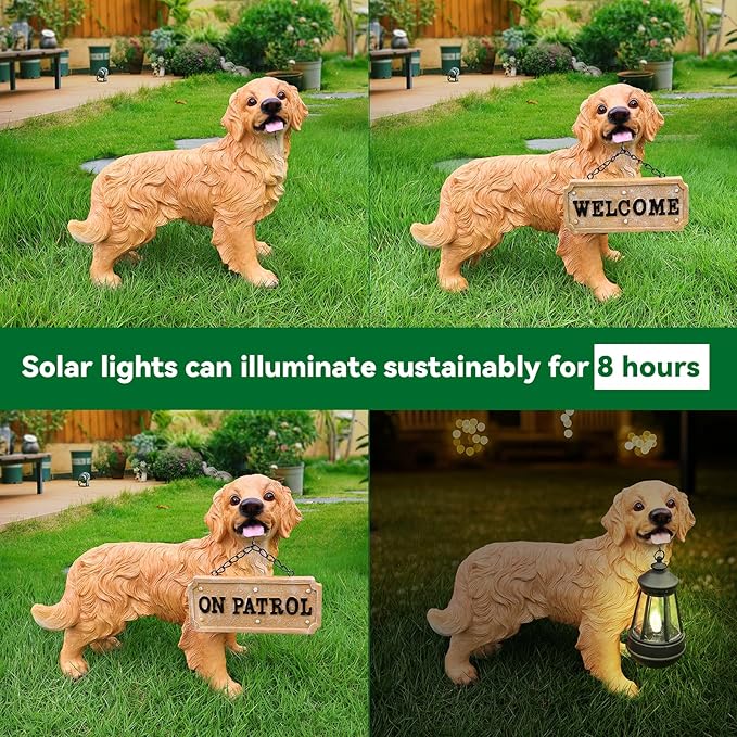 Yellow Retriever Welcome Greeter with Solar Lantern and Double-Sided Sign, Standing Retriever Garden Sculpture for Yard Paths, Front Door & Terrace