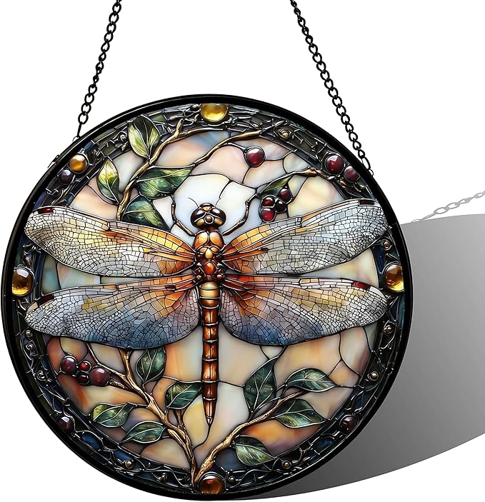 Stained Glass Sun Catcher,A Dragon-flyStained Glass Window Hanging Garden Decor,Sun Catchers Indoor Window,Whimsical Decoration for Home Backyard Patio Lawn Porch with 6.3 INCH