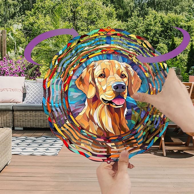 Golden Retriever Wind Spinner Pet Dog Memorial Gifts, Vibrant 3D Kinetic Aluminum Metal Hanging Outdoor Garden Decor, Loss of Dogs Sympathy Gifts, 8" Wind Sculptures for Patio, Porch Yard Art (GR2)