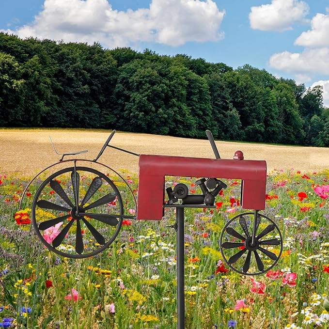 Americana Garden Stake, Red Farm Tractor, Turning Wheels, Vintage Finish, Artisan Crafted, Iron, Hammered Wheel Spoke Details, Single Prong, 51 Inches Tall