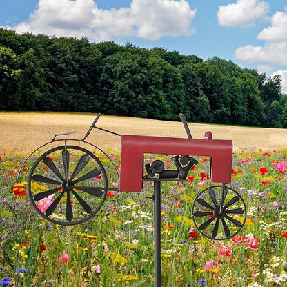 Americana Garden Stake, Red Farm Tractor, Turning Wheels, Vintage Finish, Artisan Crafted, Iron, Hammered Wheel Spoke Details, Single Prong, 51 Inches Tall