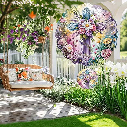 Wind Spinner Hanging Outdoor Decor, 12 Inch 3D Spring Floral Cross Metal Kinetic Wind Spinners for Garden Yard Patio, Stainless Steel Laser Cut Art Christian Gifts for Women Easter Decorations