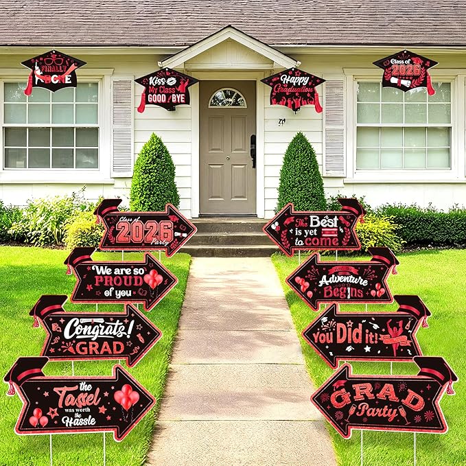 Class of 2026 Graduation Yard Sign Arrow for Outdoor Pathway,Graduation Cap Hanging Yard Signs,Black Red This Way Yard Signs with Stakes Ribbon,Graduation Party Decor for College High School