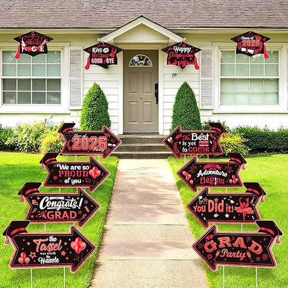 Class of 2026 Graduation Yard Sign Arrow for Outdoor Pathway,Graduation Cap Hanging Yard Signs,Black Red This Way Yard Signs with Stakes Ribbon,Graduation Party Decor for College High School