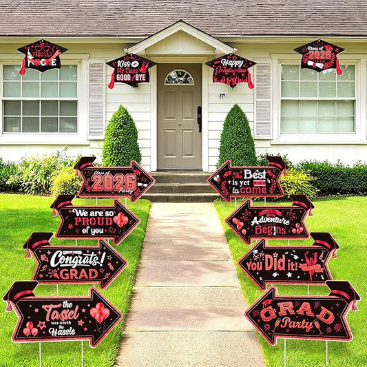 Class of 2026 Graduation Yard Sign Arrow for Outdoor Pathway,Graduation Cap Hanging Yard Signs,Black Red This Way Yard Signs with Stakes Ribbon,Graduation Party Decor for College High School