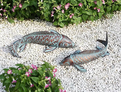Garden Statues Koi Fish Decor for Outside,Antique Copper Garden Decor,Outdoor Koi Sculptures & Statues for Yard Patio Backyard Pond Decorations,Metal Fish Gifts for Women Mom Grandma,Set of 2