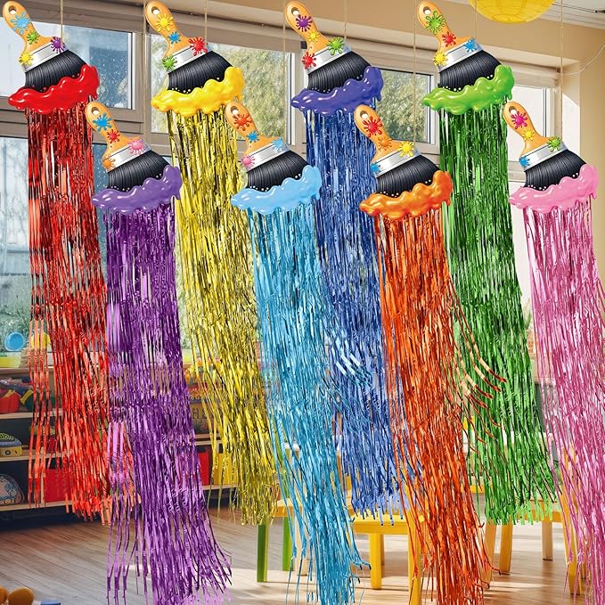 Affrolling 8 Pcs Back to School Paint Brush Party Decoration Paint Brush Hanging Decorations with Tassels for Classroom Back to School Art Birthday Party Supplies 3.4 ft Summer Door Banner Sign Decor