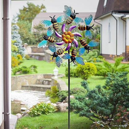 COOZZYHOUR 39" Bee Wind Spinners Metal Garden Stake-Outdoor Yard Windmill-Wind Sculpture Yard Art Decorations for Patio,Lawn & Garden