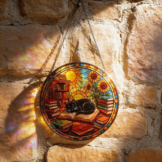 LITIVY Black Cat Suncatcher Stained Glass, Book Lovers Present, 8 Inch Handmade Colorful Library Theme Window Hanging Decor for Reading Nook, Sun Catcher Home Decor