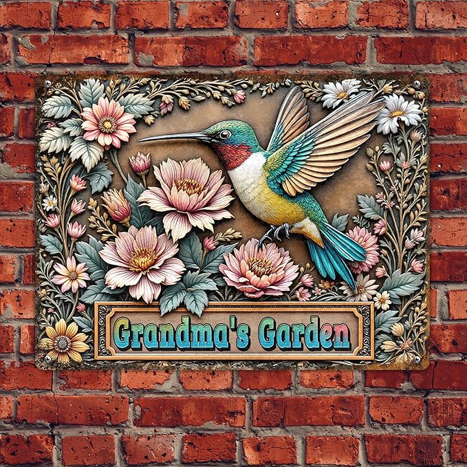 Custom Garden Signs Personalized Metal Tin Sign for Women, Retro Hummingbird Metal Sign for Outdoor, Patio, Yard Home Decor Gift for Mothers Day, Grandmas, and Gardening Lovers