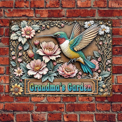 Custom Garden Signs Personalized Metal Tin Sign for Women, Retro Hummingbird Metal Sign for Outdoor, Patio, Yard Home Decor Gift for Mothers Day, Grandmas, and Gardening Lovers