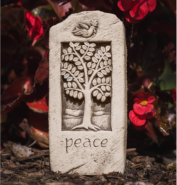 Carruth Studio, Peace Stone Wall Plaque Garden Statue Figurine, Original Sculpture Handcrafted in Stone, Artisan Made