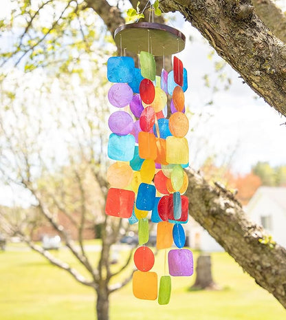 Beautiful and Unique Capiz Shell Wind Chime - Wind Chimes for Outdoors - Colorful and Whimsical Patio Decor - Ocean Decor - Garden Gifts (Rainbow)