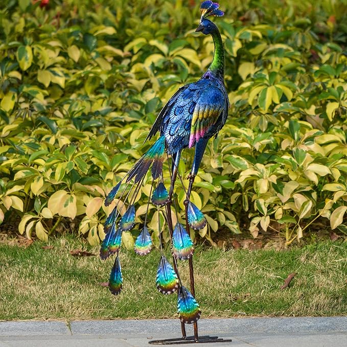 TERESA'S COLLECTIONS Garden Decor, Peacock Garden Decor with Colorful Painting, 24'', Waterproof Metal Garden Statue, Peacock Gifts, Garden Gifts for Women Mom, Indoor/Outdoor