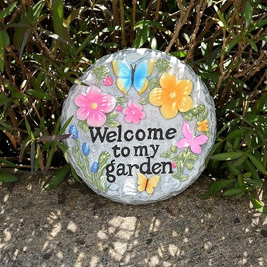 Welcome to My Garden Stepping Stone Outdoor, Butterfly Flower Stone Statue for Garden, Funny Stepping Stone for Yard, Balcony, Patio, Lawn Decorative, Spring in Garden Collection (Butterflies)