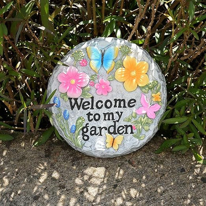 Welcome to My Garden Stepping Stone Outdoor, Butterfly Flower Stone Statue for Garden, Funny Stepping Stone for Yard, Balcony, Patio, Lawn Decorative, Spring in Garden Collection (Butterflies)