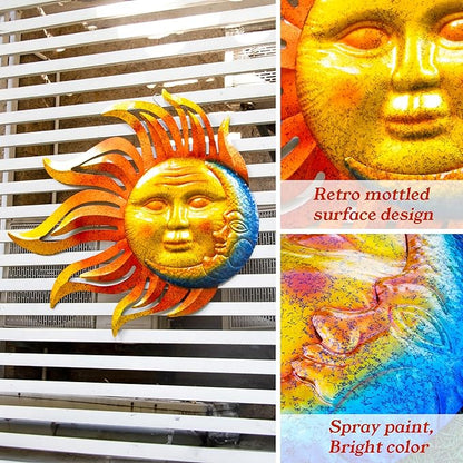 Large Flame Sun Wall Art Decor, 42 inch Metal Wall Decor, Retro Hanging Flame Sun Valentine Wall Decorations for Patio Yard Garden Fence Living Room Bedroom