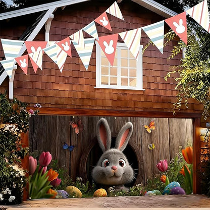 Easter Garage Door Banner Cover, Easter Bunny Colorful Eggs Spring Party Backdrop Decor, Garage Door Cover For Outdoor Yard Holiday Decoration (Cave Bunny)