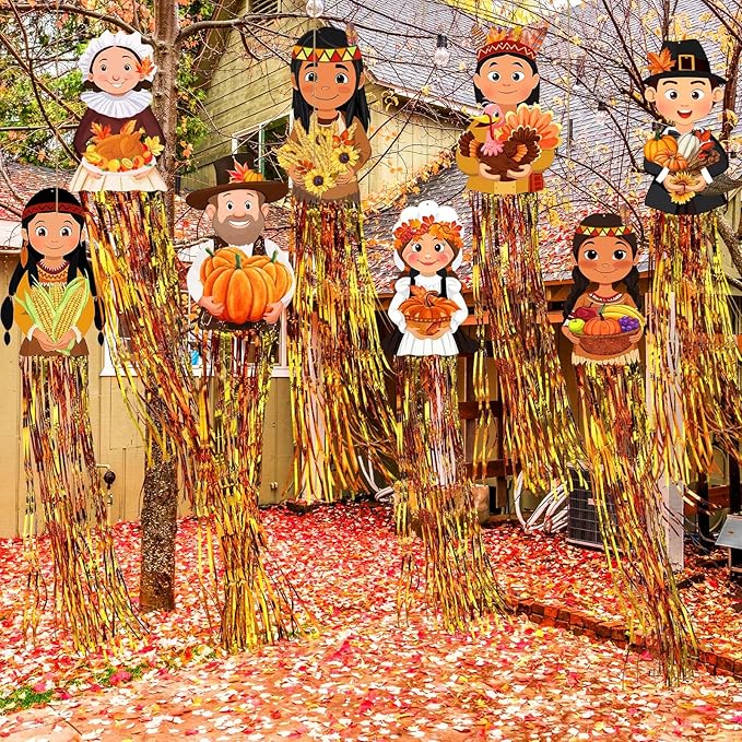 DoubleFill 8 Pcs Thanksgiving Pilgrim Outdoor Hanging Decorations with Tassels Fall Autumn Pilgrim Harvest Yard Signs for Farmhouse Festival 3.3 ft Home Lawn Yard Party Supplies Garden Decor