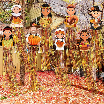DoubleFill 8 Pcs Thanksgiving Pilgrim Outdoor Hanging Decorations with Tassels Fall Autumn Pilgrim Harvest Yard Signs for Farmhouse Festival 3.3 ft Home Lawn Yard Party Supplies Garden Decor