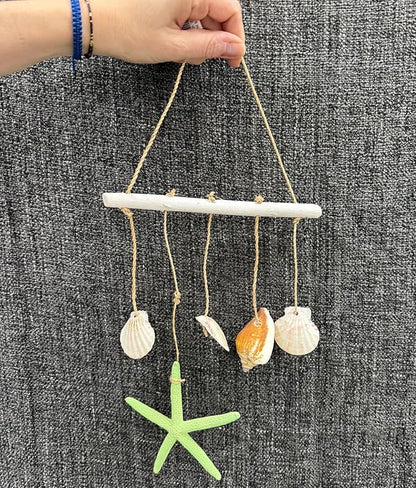 Starfish Windchime Coastal Driftwood Wall Hanging Decor - Beach Wind Chime Indoor Outdoor Patio Garden Gift 12” Green