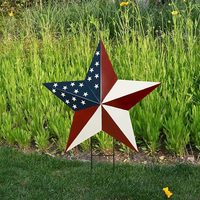 Morning View American Flag Garden Stake Patriotic Decor Metal Star US Flag Yard Sign Bar Star Outdoor Lawn Art Ornament 4th of July Memorial Day Veterans Day Independence Day 22 Inches Tall