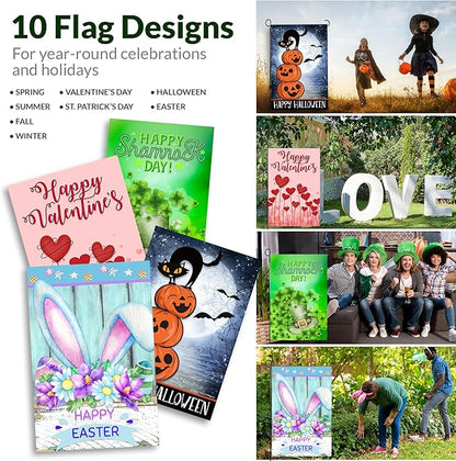 Seasonal Garden Flags Set of 10 12x18 inch Double Sided Yard Flags, Outside Small Garden Flag with Anti-Wind Clip and Stopper, Outdoor Holiday Lawn Decorative Decor
