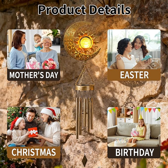 YAKii Sun Moon Solar Wind Chimes for Outside Lights Prefert Gifts for Mom Wife Unique Crackle Glass LED Warm Light Outdoor Hanging Decor Windchimes for Garden Yard Patio Christmas Birthday Mothers Day