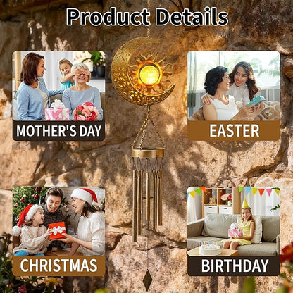YAKii Sun Moon Solar Wind Chimes for Outside Lights Prefert Gifts for Mom Wife Unique Crackle Glass LED Warm Light Outdoor Hanging Decor Windchimes for Garden Yard Patio Christmas Birthday Mothers Day