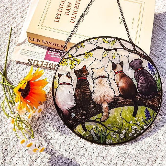 Stained Glass Suncatchers for Windows, 8 in Stained Glass Sun Catchers Indoor Window, Cat Suncatchers for Home Decor, Garden, Patio, Gift for Cat Lovers