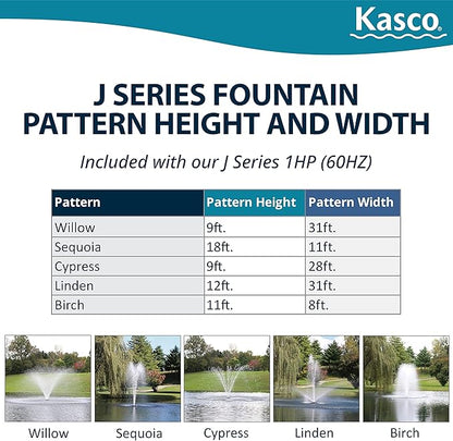 Kasco 1 HP J Series Decorative Fountain - 120V with 150 Ft Electric Power Cord | Pond and Lake Fountain | Efficient Pond Aerator Outdoor Fountain