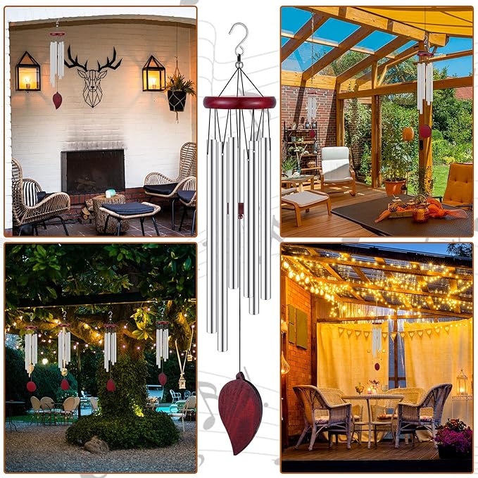 Tatuo 4 Pcs Memorial Wind Chimes 28 Inch Wooden Sympathy Wind Chimes DIY Sympathy Gift for Father's Day Loss of Loved One Bereavement with 6 Aluminum Tube for Indoor Outdoor (Silver,Simple Style)