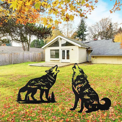 Romart Wolf Silhouette Garden Stakes Decorations - 2 Pcs Metal Howling Animals Statues, Black Rustic Animal Sculpture Set, Yard Art for Outdoor Garden & Patio Lawn