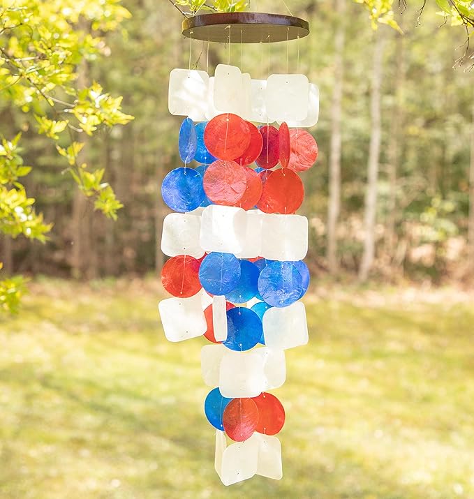 Beautiful and Unique Capiz Shell Wind Chime - Wind Chimes for Outdoors - Colorful and Whimsical Patio Decor - Ocean Decor - Garden Gifts (Red, White and Blue - Patriotic)