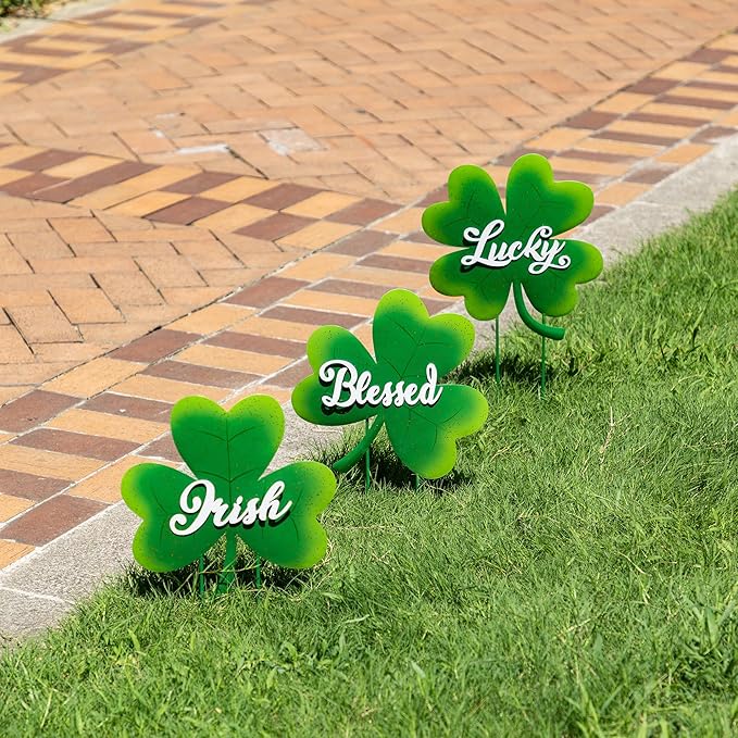 Glitzhome St Patricks Day Yard Signs Outdoor Decorations, 36.75"H Metal Shamrock Garden Stakes Set of 3, Green Shamrock Sign Decor for Irish Outside Lawn Porch