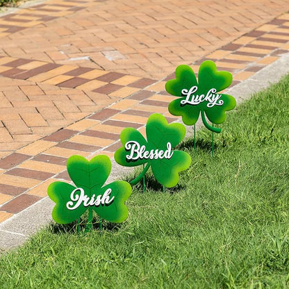 Glitzhome St Patricks Day Yard Signs Outdoor Decorations, 36.75"H Metal Shamrock Garden Stakes Set of 3, Green Shamrock Sign Decor for Irish Outside Lawn Porch